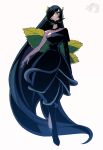  absurdly_long_hair black_dress black_footwear black_hair blazbluefairy breasts cleavage dress elbow_gloves eyelashes full_body gloves hair_over_one_eye highres horns kokorin_(pixiv_fantasia_age_of_starlight) leaf long_hair looking_at_viewer pixiv_fantasia pixiv_fantasia_age_of_starlight simple_background small_breasts standing very_long_hair white_background 