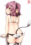  1girl alternate_costume animal_ears artist_logo ass bangs bikini butt_crack butt_plug colored_tips commentary_request cow_ears cow_horns cow_tail cowboy_shot dated ear_tag from_behind highres horns kanon_(kurogane_knights) kantai_collection kunashiri_(kancolle) looking_at_viewer multicolored_hair one-hour_drawing_challenge orange_eyes purple_hair sex_toy side-tie_bikini simple_background solo swimsuit tail thighhighs two-tone_hair two_side_up white_background white_bikini white_legwear 