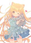  1girl ;) animal animal_ear_fluff animal_ears bangs blonde_hair blue_dress blush brown_eyes cat cat_ears cat_girl cat_tail closed_mouth collared_dress commentary_request dress eyebrows_visible_through_hair heart highres holding holding_animal lemon_print long_hair looking_at_viewer marekamico one_eye_closed original pleated_dress print_dress simple_background smile solo tail twitter_username very_long_hair white_background 