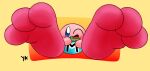  3_toes absurd_res ambiguous_gender big_feet blush blush_stickers feet food fruit hi_res holding_object huge_feet hyper hyper_feet kirby kirby_(series) leaf looking_at_viewer nintendo not_furry one_eye_closed pink_body plant simple_background smile solo solo_focus spread_legs spreading toes tomato video_games waddling_head wink yellow_background yungknight 