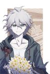  1boy bangs bouquet brown_background collarbone commentary_request danganronpa_(series) danganronpa_2:_goodbye_despair flower hair_between_eyes highres holding holding_bouquet holding_flower jacket komaeda_nagito looking_at_viewer male_focus messy_hair open_clothes open_jacket pale_skin shirt short_hair smile solo twitter_username upper_body white_background white_flower white_shirt yellow_flower ziling 