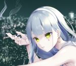  1girl black_nails blue_hair cigarette city_lights earrings eyebrows_visible_through_hair girls_frontline green_eyes hairband hk416_(girls_frontline) holding holding_cigarette hoop_earrings jewelry lips long_hair looking_at_viewer nail_polish smoking solo_focus weisskaeppchen 