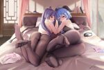  2girls absurdres ahoge ass bedroom black_legwear black_panties blue_hair book breasts cleavage clothes condom condom_wrapper cuffs feet gag ganyu_(genshin_impact) genshin_impact goat_horns hair_cones handcuffs highres horns huge_filesize keqing_(genshin_impact) long_hair looking_at_viewer looking_back lying medium_breasts multiple_girls nerone-claudius no_shoes on_side on_stomach panties panties_removed pantyhose parted_lips purple_eyes purple_hair shadow soles toes topless underwear whip 