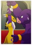  absurd_res angry arms_tied blue_eyes bound canid canine clenched_teeth comic detailed_background digimon digimon_(species) female fingering forced fox fur hector21314 hi_res mammal pig-man purple_body rape renamon teeth yellow_body yellow_eyes yellow_fur 
