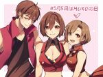  1boy 2girls black_shirt breasts brown_eyes brown_hair cleavage cleavage_cutout clothing_cutout commentary crop_top dual_persona genderswap genderswap_(ftm) hand_on_another&#039;s_back hand_on_another&#039;s_shoulder heart highres jacket looking_at_viewer medium_breasts meiko meito multiple_girls one_eye_closed open_mouth pink_background pleated_skirt red_jacket red_skirt sakine_meiko shirt short_hair skirt sleeveless sleeveless_jacket small_breasts smile translated upper_body vocaloid yen-mi younger 