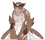 2021 anthro avian bird brown_and_white chest_markings claws crotch_fluff facial_markings hand_on_hip head_markings lyron_(miwauturu) male markings monochrome nude owl redrabbu screech_owl simple_background solo true_owl white_background 