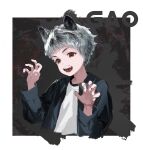  1boy absurdres animal_ears black_background grey_hair hands_up highres long_sleeves looking_at_viewer muraichi open_mouth original red_eyes short_hair solo upper_body 