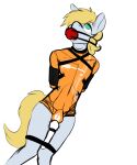  2:3 absurd_res anthro armbinder ball_gag blonde_hair bound clothing collar cutting_chipset d-lowell equid equine fan_character gag green_eyes hair hasbro hi_res hitachi_magic_wand horse lock_symbol looking_up male mammal my_little_pony no_pupils null null_bulge orgasm_denial pony prison_uniform prisoner rubber sex_toy simple_background skinsuit solo tight_clothing vibrator white_background 