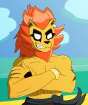  absurd_res anthro bottomwear clothing cross_blitz crossed_arms ear_piercing eyebrows fangs felid fur hair hi_res lion loglord male mammal no_pupils orange_hair pantherine pants piercing pirate redcroft scar shirtless simple_background solo solo_focus tako_boy_studios teeth thick_eyebrows yellow_body yellow_fur 