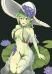  1girl :d absurdres arm_support bare_shoulders bell_orgel blue_flower blush breasts colored_skin eyebrows_visible_through_hair flower green_hair green_skin hair_between_eyes highres legs_together long_hair looking_at_viewer mole mole_under_eye monster_girl navel open_mouth original plant_girl purple_eyes revealing_clothes see-through sitting smile solo white_headwear 