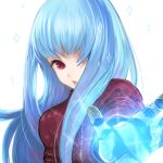  1girl bangs blue_hair bodysuit gauntlets gloves glowing kula_diamond long_hair looking_at_viewer nameko._(hiyoyon) one_eye_covered open_mouth outstretched_hand red_eyes simple_background solo sparkle the_king_of_fighters upper_body white_background 