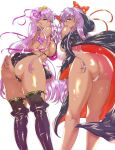  2girls armband ass bangs bare_legs bare_shoulders bb_(fate) bb_(fate)_(all) bb_(swimsuit_mooncancer)_(fate) bent_over bikini black_coat black_footwear black_gloves black_legwear boots bow breast_press breasts closed_mouth coat eyebrows_visible_through_hair fate/grand_order fate_(series) feet_out_of_frame fingerless_gloves from_behind gloves hair_bow highres large_breasts leotard long_hair looking_at_viewer looking_back multiple_girls off_shoulder open_mouth purple_bikini purple_eyes purple_hair red_bow ribbon simple_background sleeveless smile swimsuit thigh_boots thighhighs thighhighs_under_boots thighs wakura_(gcdan) white_background white_leotard 