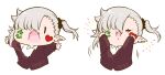 1girl arrow_(symbol) bangs black_scrunchie brown_jacket chibi collared_shirt cropped_torso ear_piercing facial_mark grey_hair hair_ornament hair_over_one_eye hair_scrunchie heart highres jacket long_sleeves multiple_views nikki_kyousuke original outstretched_arms piercing pointy_ears scrunchie shirt side_ponytail sleeves_past_wrists twitter_username upper_body white_shirt 