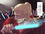  1boy azumi_akitake blonde_hair commentary_request concert facial_hair glowing holding hololive light_stick long_hair male_focus mukirose mustache pointy_ears ponytail serious translation_request 
