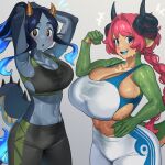  2girls absurdres armpits arms_up bangs blue_eyes blue_skin braid braided_ponytail breasts cleavage colored_skin commission cowboy_shot green_skin grey_background highres horns huge_breasts large_breasts long_hair monster_girl multiple_girls nia_(nia4294) original pink_hair shadow simple_background tail very_long_hair 