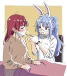  2girls animal_ears bangs blue_hair blush bunny_ears chair commentary_request dress_shirt eyebrows_visible_through_hair feeding fever highres holding holding_spoon hololive homura910210 houshou_marine long_hair long_sleeves mask mask_pull mouth_mask multiple_girls open_mouth red_eyes red_hair shirt sick sitting spoon surgical_mask usada_pekora virtual_youtuber watch white_shirt wristwatch 