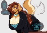  absurd_res anthro bent_over big_breasts blue_eyes bottomwear breasts brown_body brown_fur brown_hair canid canine canis cleavage clothed clothing dialogue domestic_dog english_text eyeshadow female floppy_ears fur hair hi_res huge_breasts jewelry long_hair looking_at_viewer makeup mammal mature_anthro mature_female multicolored_body multicolored_fur necklace open_mouth rhoda_(the_dogsmith) simple_background skirt solo speech_bubble tailwag tan_body tan_fur text the_dogsmith two_tone_body two_tone_fur white_background 