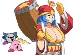  1girl 2boys blue_eyes blue_hair breasts cape crown earrings genderswap genderswap_(mtf) hammer highres jewelry king_dedede kirby kirby_(series) mario_(series) mask meta_knight multiple_boys new_super_mario_bros._u_deluxe open_mouth pogchamp short_hair super_crown super_smash_bros. tina_fate weapon wings 