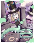  1boy avery_(pokemon) black_headwear black_neckwear blonde_hair blue_eyes border commentary_request cravat floating floating_object galarian_form galarian_slowbro galarian_weezing gen_8_pokemon glasses gloves hackto hand_on_headwear hat long_hair male_focus open_mouth partially_fingerless_gloves poke_ball poke_ball_(basic) pokemon pokemon_(creature) pokemon_(game) pokemon_swsh round_eyewear shirt telekinesis tongue top_hat upper_teeth white_border 