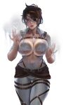  1girl against_glass bangs belt bikini bikini_top breast_press breasts brown_belt brown_eyes brown_hair collared_shirt eyepatch glasses grey_pants hange_zoe highres large_breasts looking_at_viewer multiple_straps open_clothes open_shirt pants paradis_military_uniform parted_lips see-through shingeki_no_kyojin shirt short_hair skin_tight swimsuit thigh_gap underboob white_background white_bikini white_shirt xixi_(xixihenlan_ing) 