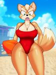  anthro beach big_breasts blue_sky breasts canid canine cleavage clothed clothing cloud crossgender curvaceous curvy_figure dracojeff eyebrows fangs female fluffy fluffy_tail fox fox_mccloud hand_on_hip hourglass_figure looking_at_viewer looking_down mammal nintendo nipple_outline one-piece_swimsuit red_clothing red_swimwear sand seaside sky solo star_fox sunny swimwear thick_eyebrows video_games voluptuous wide_hips 