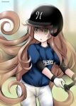  1girl alternate_costume bangs baseball_bat baseball_helmet baseball_uniform blue_shirt blunt_bangs brown_hair cowboy_shot elbow_pads gloves green_eyes helena_(kancolle) helmet kantai_collection long_hair major_league_baseball milwaukee_brewers ouno_(nounai_disintegration) pants shaded_face shirt solo sportswear twitter_username white_gloves white_pants 