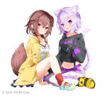  2girls :d ahoge animal_ear_fluff animal_ears asymmetrical_pants bangs bare_shoulders black_hoodie blue_footwear bone_hair_ornament breasts brown_eyes brown_hair cartoon_bone cat_ears cat_girl cat_tail cleavage closed_mouth collarbone dog_ears dog_girl dog_tail drawstring dress eyebrows_visible_through_hair hair_between_eyes hair_ornament highres hololive hood hood_down hoodie inugami_korone jacket kamioka_shun&#039;ya medium_breasts multiple_girls nekomata_okayu official_art open_clothes open_jacket open_mouth pants pink_hair purple_eyes red_legwear ribbed_legwear shoes simple_background sitting smile socks tail tail_raised virtual_youtuber watermark white_background white_dress white_pants yellow_footwear yellow_jacket 