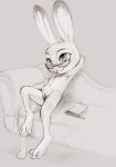  dipstick_ears disney eyewear female flat_chested fuchs furniture genitals glasses greyscale hand_behind_head hi_res lagomorph leporid mammal monochrome multicolored_ears navel nude on_sofa one_leg_up pussy rabbit raised_leg reclining simple_background sketch sofa solo traditional_media_(artwork) violet_hopps zootopia 