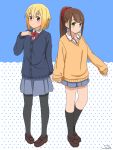  2girls arm_at_side bangs black_legwear blonde_hair blue_background blue_cardigan blush bow bowtie brown_footwear brown_hair buttons cardigan closed_mouth collared_shirt commentary_request cosplay costume_switch dated full_body green_eyes grey_skirt hair_ornament hair_scrunchie hand_up highres hitoribocchi_no_marumaru_seikatsu honshou_aru honshou_aru_(cosplay) kneehighs loafers long_hair long_sleeves looking_at_viewer miniskirt mole mole_under_eye multiple_girls orange_cardigan orange_eyes pantyhose pleated_skirt ponytail red_bow red_neckwear red_scrunchie school_uniform scrunchie shirt shoes short_hair side-by-side sidelocks skirt sleeves_past_wrists standing sunao_nako sunao_nako_(cosplay) tenkawa_daisou two-tone_background white_background white_shirt 