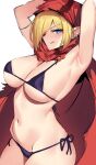  1girl :q arabelle_(guardian_tales) armpits arms_up bikini black_bikini blonde_hair blue_eyes breasts cleavage cloak cowboy_shot earrings elf from_side glowing glowing_eye guardian_tales highres hip_bones jewelry large_breasts looking_at_viewer multiple_earrings navel ndgd pointy_ears side-tie_bikini sidelocks simple_background solo string_bikini swimsuit tongue tongue_out white_background 