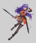  1girl :d ahoge aqua_eyes arm_strap armor armpits belt_pouch black_footwear black_gloves black_legwear black_shirt blue_hair boots breasts closed_mouth commentary dress elbow_gloves english_commentary eyebrows_visible_through_hair fingerless_gloves fire_emblem fire_emblem:_path_of_radiance fire_emblem:_radiant_dawn floating_hair full_body gloves grey_background hair_between_eyes hairband holding holding_sword holding_weapon kaijuicery long_hair medium_breasts mia_(fire_emblem) open_mouth orange_dress orange_gloves pouch ribbed_shirt sample scabbard sheath shirt short_dress shoulder_armor simple_background skindentation smile solo strap sword thigh_strap thighhighs thighs tsurime turtleneck unsheathed weapon zettai_ryouiki 