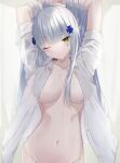  1girl absurdres arms_behind_head bangs blue_hair blush borrowed_garments breasts closed_mouth collarbone eyebrows_visible_through_hair feet_out_of_frame girls_frontline green_eyes hands_in_hair highres hk416_(girls_frontline) huge_filesize large_breasts long_hair looking_at_viewer naked_shirt navel no_bra no_panties one_eye_closed open_clothes open_shirt out-of-frame_censoring shirt solo standing weisskaeppchen white_background white_shirt 