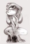  animal_dildo animal_sex_toy anthro bedroom_eyes bodily_fluids canine_dildo covering covering_crotch crouching dildo dildo_sitting dipstick_ears disney ears_down female fuchs genital_fluids greyscale hand_on_own_head hi_res judy_hopps knotted_dildo lagomorph leporid looking_at_viewer mammal monochrome multicolored_ears narrowed_eyes navel nude penetration pivoted_ears pussy_juice rabbit seductive sex_toy sketch smug solo traditional_media_(artwork) zootopia 