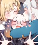  3girls blonde_hair blush closed_eyes commentary_request embarrassed fang forehead_kiss gawr_gura girl_sandwich glasses hair_ornament hololive hololive_english hug kiss mamaloni monocle_hair_ornament multicolored_hair multiple_girls ninomae_ina&#039;nis official_alternate_costume open_mouth purple_hair sandwiched streaked_hair tentacle_hair virtual_youtuber watson_amelia white_hair 