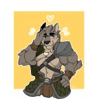  &lt;3 amulet anthro armor athletic athletic_anthro athletic_male canid canine canis chest_tuft clawed_fingers clothed clothing fangs far_beyond_the_world_(series) fur hand_on_head head_tuft male mammal multicolored_body multicolored_fur muscular muscular_anthro muscular_male one_eye_closed partially_clothed ranok_(far_beyond_the_world) simple_background solo telltalecoyote topless topless_anthro topless_male tuft two_tone_body two_tone_fur video_games visual_novel wolf yellow_background 