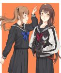  2girls bangs black_bow blue_neckwear blush bow bowtie brown_eyes brown_hair eyebrows_visible_through_hair feet_out_of_frame girls_frontline hair_bow hair_ornament hands_in_pockets highres jacket light_brown_hair long_hair looking_at_another looking_at_viewer multiple_girls open_mouth orange_background red_neckwear school_uniform simple_background standing ump45_(girls_frontline) ump9_(girls_frontline) yitiao_er-hua 
