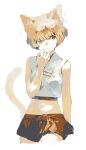  1girl animal_ears bangs cat_ears cat_girl cat_tail cowboy_shot crop_top hand_up highres light_brown_hair midriff muraichi navel original shirt short_hair simple_background sleeveless sleeveless_shirt solo tail white_background white_shirt 