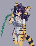  anthro bikini black_hair breasts clothing ear_piercing felid female hair hi_res hose mammal pantherine piercing purple_eyes shirt shy solo striped_body stripes swimwear t-shirt tiger topwear waffl3sk4t water wet wet_clothing wet_shirt wet_topwear whiskers 