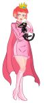  1girl animal black_cat blue_eyes boots cape cat closed_mouth crown dress earrings full_body gloves highres holding holding_animal holding_cat jewelry lips long_sleeves looking_at_viewer pink_cape pink_dress pink_footwear red_hair shokora-hime short_hair simple_background solo standing wario_land white_background white_gloves 