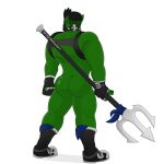  boots butt clothing collar footwear gloves green_body green_skin hair handwear harness humanoid male melee_weapon mostly_nude muscular muscular_humanoid muscular_male notkastar orc orc_humanoid polearm solo spear trident weapon 