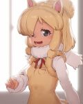  1g alpaca_ears alpaca_girl alpaca_suri_(kemono_friends) alpaca_tail animal_ears beige_vest blue_eyes commentary_request cowboy_shot eyebrows_visible_through_hair fur_collar fur_trim hair_bun hair_over_one_eye hair_tubes kemono_friends long_sleeves looking_at_viewer neck_ribbon open_mouth red_neckwear ribbon short_hair sweater tail white_fur white_hair white_sweater 