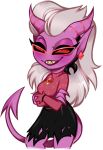  2021 2_horns clothing crossed_arms demon demon_humanoid ear_piercing eyebrows eyelashes fingers gem hair half-closed_eyes helluva_boss horn humanoid humanoid_pointy_ears mrs._mayberry_(vivzmind) narrowed_eyes not_furry piercing purple_body purple_skin red_sclera sharp_teeth solo teeth thesoleil torn_clothing white_hair 