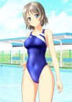  1girl absurdres bare_arms bare_legs bare_shoulders blue_eyes blue_sky blue_swimsuit brown_hair cloud competition_swimsuit covered_navel cowboy_shot day head_tilt highres looking_at_viewer love_live! love_live!_sunshine!! one-piece_swimsuit outdoors parted_lips short_hair sky solo standing sweatdrop swimsuit takafumi tight watanabe_you 