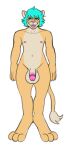  3_fingers anthro bitelickart blue_hair digitigrade eyewear fingers flaccid front_view genitals girly glasses hair looking_at_viewer male nipples paws penis recker_lion skinny smile solo 