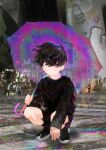  1boy absurdres black_footwear black_hair black_shirt black_shorts crosswalk heterochromia highres iridescent long_sleeves looking_at_viewer muraichi original outdoors parted_lips purple_eyes rain reflection shirt shoes short_hair shorts solo squatting transparent transparent_umbrella umbrella white_eyes 