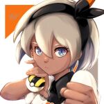  1girl bangs bea_(pokemon) black_hairband blonde_hair blue_eyes blurry bow_hairband closed_mouth collared_shirt commentary dark_skin dark_skinned_female eyelashes grey_eyes gym_leader hair_between_eyes hairband hands_up highres holding holding_poke_ball looking_at_viewer mocchye00 poke_ball pokemon pokemon_(game) pokemon_swsh print_shirt shirt short_hair short_sleeves signature solo ultra_ball upper_body 