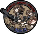  3girls :&gt; :&lt; ags-30 ags-30_(girls_frontline) blue_eyes brown_eyes brown_hair brown_jacket camouflage camouflage_jacket character_name dutchko english_text girls_frontline glasses jacket long_sleeves medium_hair miniskirt multiple_girls red_eyes skirt twintails weapon 
