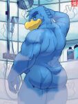  2021 anthro avian bathing bathroom bird butt hand_on_head hi_res king_dedede kirby_(series) looking_at_viewer looking_back male muscular muscular_anthro muscular_male nintendo nude overweight overweight_anthro overweight_male penguin punksterne shower_head showering smile solo standing steam video_games water wet 