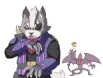  2boys alien animal closed_eyes eyepatch facial_hair furry highres jacket licking male_focus mario_(series) metroid monster multiple_boys new_super_mario_bros._u_deluxe ridley simple_background star_fox super_smash_bros. tail tina_fate tongue tongue_out wings wolf wolf_o&#039;donnell 