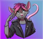  animal_humanoid anthro blue_eyes clothing eyebrow_through_hair eyebrows grey_body hair humanoid jacket male mammal mammal_humanoid mouse_humanoid murid murid_humanoid murine murine_humanoid pink_hair pink_inner_ear pink_tail pino.noir_(character) rodent rodent_humanoid shirt showing_teeth shurikoma_(artist) simple_background solo spiked_jacket topwear translucent translucent_hair undershirt wrist_accessory 